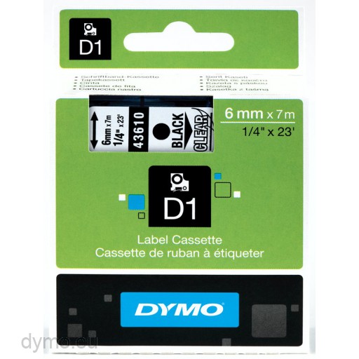 Dymo S0720770 D1 43610 Tape 6mm x 7m Black on Clear