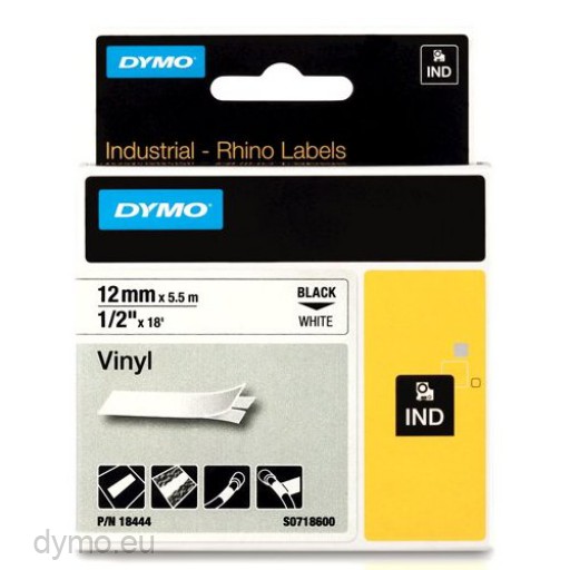 Self-Adhesive Dymo Rhino Industrial Vinyl Labels 12 mm x 5.5 m Roll Black Print on White