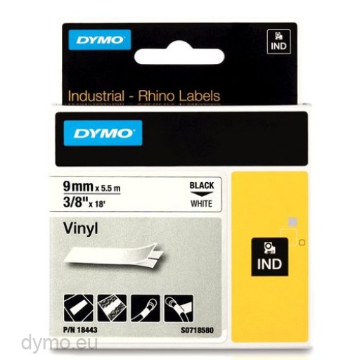 2PK 9mm Black on White Industrial Vinyl Tape Label 18443 For DYMO Rhino PRO 1000 