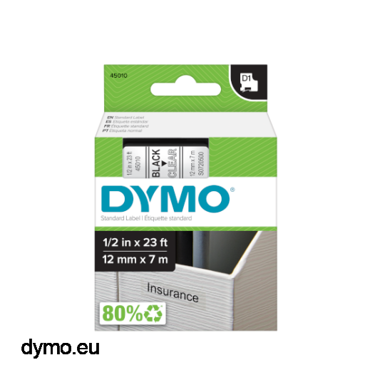 Dymo S0720500 D1 45010 Tape 12mm x 7m Black on Clear