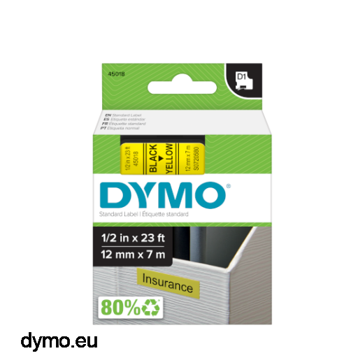 Dymo S0720580 D1 45018 Tape 12mm x 7m Black on Yellow