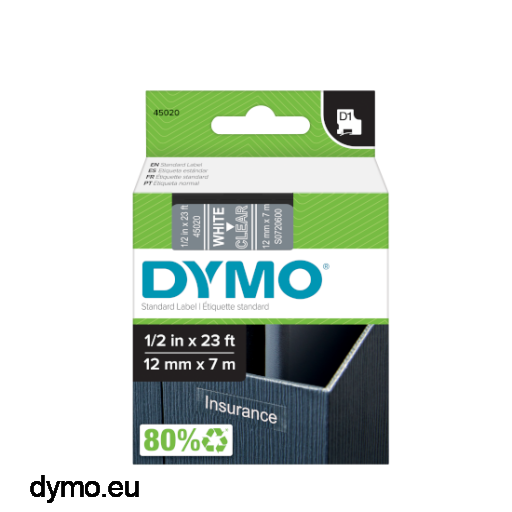 Dymo S0720600 D1 45020 Tape 12mm x 7m White on Clear