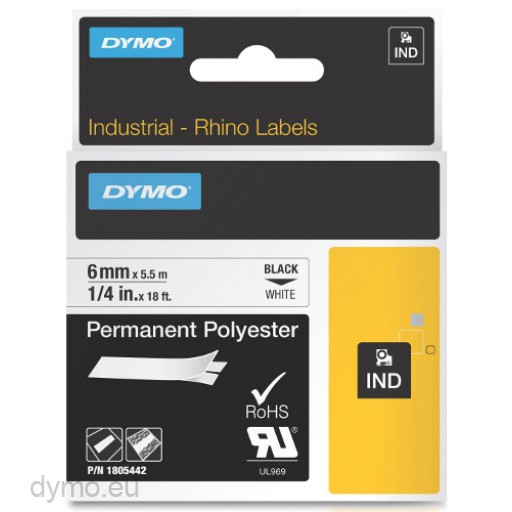 Dymo RHINO 1805442 permanent polyester black on white 6mm