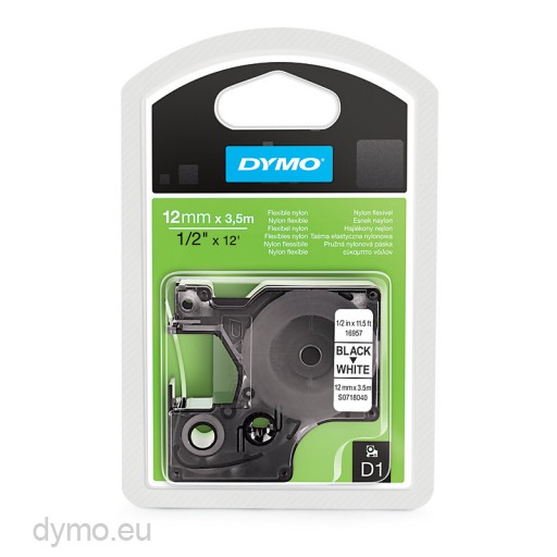 Dymo S0718040 16957 D1 Flexible Nylon Tape 12mm x 3,5m Black on White