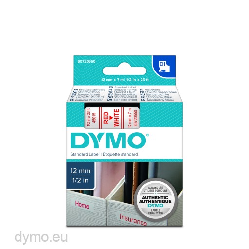 Dymo S0720550 D1 45015 Tape 12mm x 7m Red on White