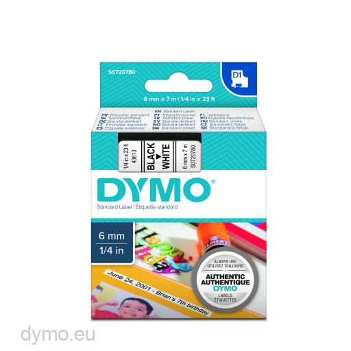 Dymo S0720780 D1 43613 Tape 6mm x 7m Black on White