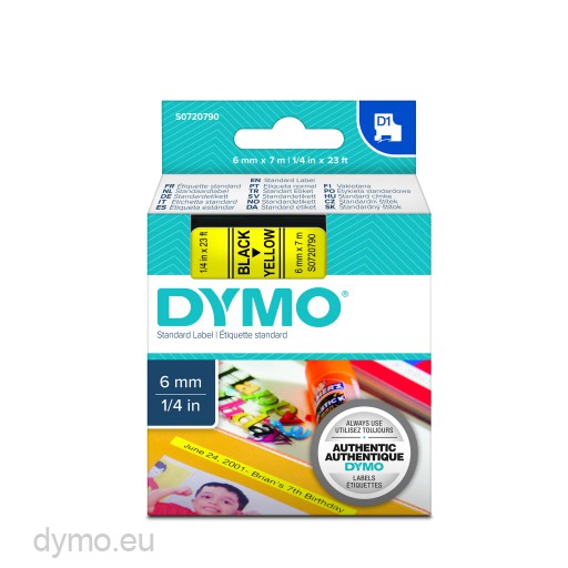 Dymo S0720790 D1 43618 Tape 6mm x 7m Black on Yellow 