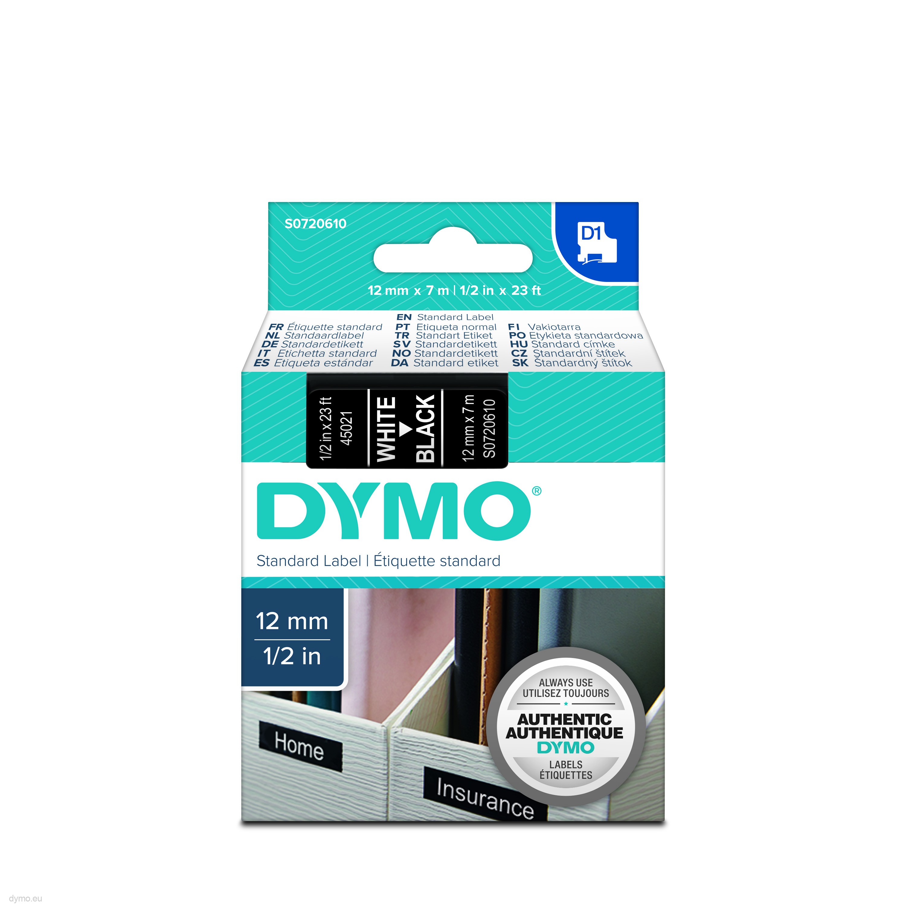 tand dannelse Kilde Dymo S0720610 D1 45021 Tape 12mm x 7m White on Black | Dymo.eu