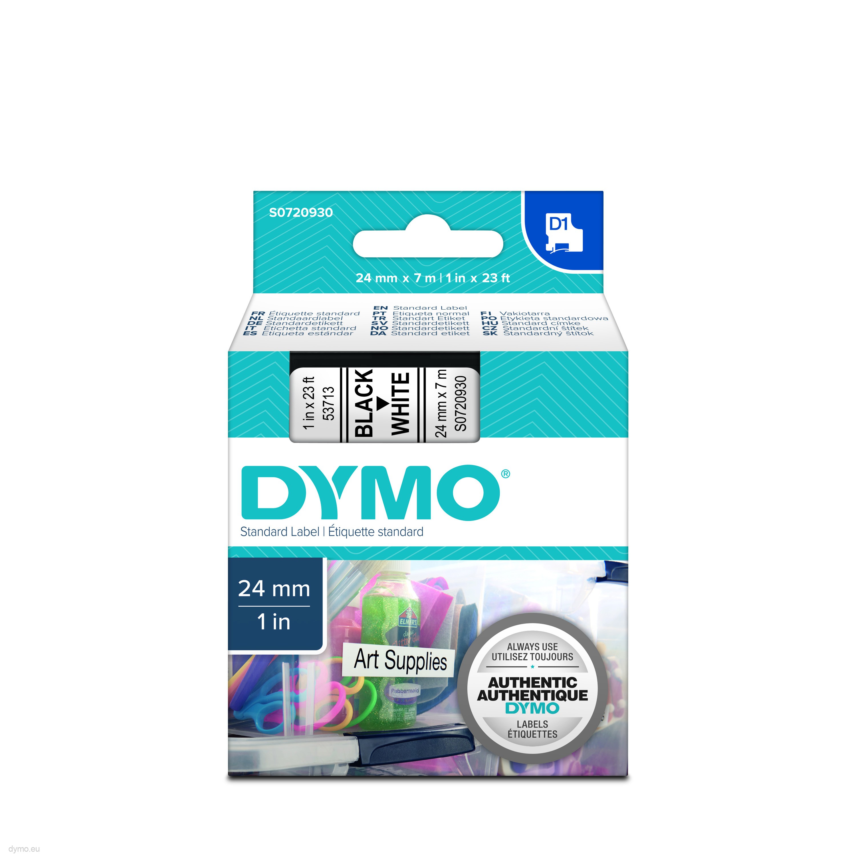 Black Print on White Tape , 1'' x 23' Dymo DYMO D1 53713 Labeling Tape 24mm x 7m 