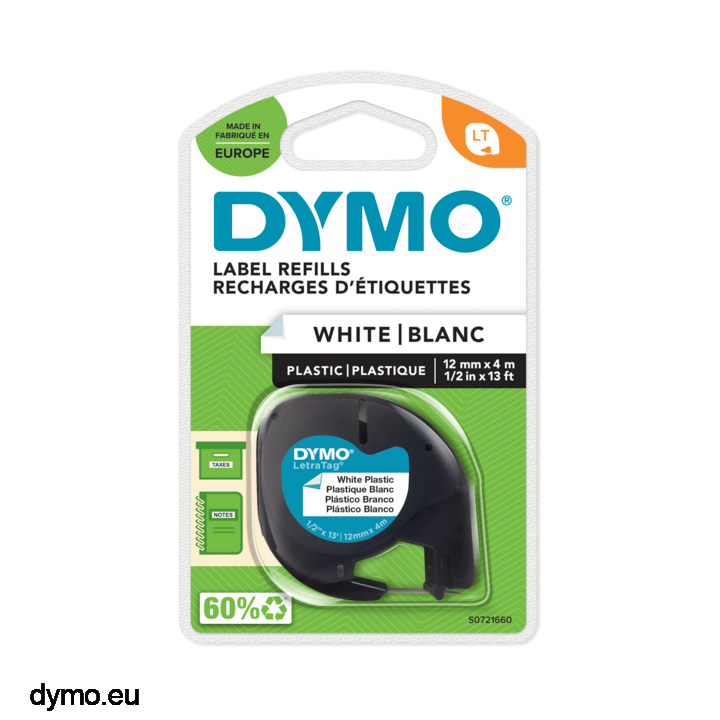 S0721530 4 Pack LetraTag Plastic Label Tape 91201 Compatible Dymo LetraTag Cassette 12mm x 4m White for Dymo LetraTag Plus LT-100H LT-100T LT-110T